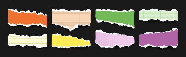Set of Notes crumpled torn paper. Jagged edges sheets for Collage or scrapbook. Empty multicolored Frame and textbox. Trendy realistic Notebook pieces for children's art vector