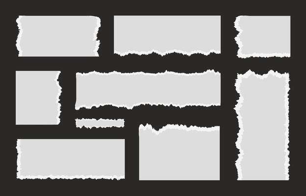 Realistic ripped white paper sheets for Scrapbook. Torn blank Notebook pages with uneven texture edges. Damaged letter or old document mockup. Simple textbox for collage