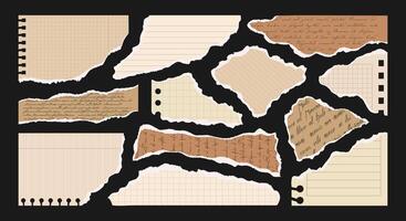Paper cut scraps with torn edges. Notebook sheets, pieces notepad pages and old newspaper. Trendy elements for collage and scrapbook. Ripped vintage letter. Uneven stationery shapes School back vector