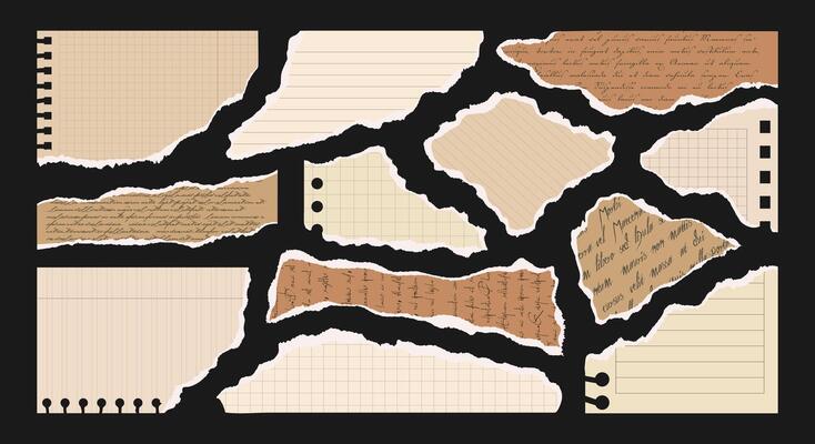Paper cut scraps with torn edges. Notebook sheets, pieces notepad pages and old newspaper. Trendy elements for collage and scrapbook. Ripped vintage letter. Uneven stationery shapes School back