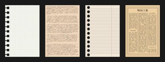 Notebook Paper for scrapbooking in a cage and in a line. Old sheets of Newspaper for composing Collages. Incomprehensible illegible letter as an element for cut design. Blank textbox vector