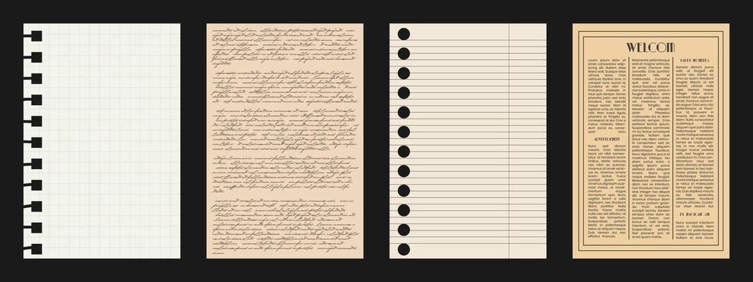 Notebook Paper for scrapbooking in a cage and in a line. Old sheets of Newspaper for composing Collages. Incomprehensible illegible letter as an element for cut design. Blank textbox