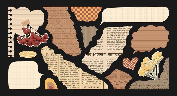 Vintage Paper cut elements for Scrapbook or Collages. Pieces Old Newspapers, retro torn patterns. Plants and flowers. Notebook sheets like rainbow, speech bubbles and hearts. Wrinkled abstract shapes