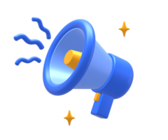 3D rendering of blue yellow loudspeaker or megaphone with party confetti for UI UX web mobile apps social media ads design png