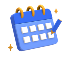 3D rendering of blue yellow calendar schedule date and time with pencil side for UI UX web mobile apps social media ads design png