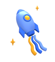 3D rendering of blue yellow spaceship or spacecraft rocket side for UI UX web mobile apps social media ads design png