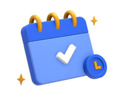 3D rendering of blue yellow calendar schedule date and time with checklist mark side for UI UX web mobile apps social media ads design png