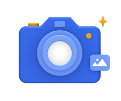 3D rendering of blue yellow multimedia content creation with digital camera image or photo for UI UX web mobile apps social media ads design png