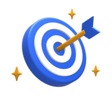 3D rendering of blue yellow achievement target or goal with arrow bullseye front for UI UX web mobile apps social media ads design png