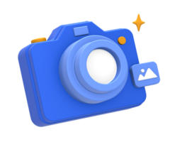 3D rendering of blue yellow multimedia content creation with digital camera image or photo side for UI UX web mobile apps social media ads design png