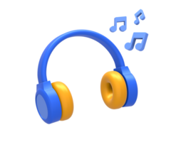 3D rendering of blue yellow headphone with music notes sound for UI UX web mobile apps social media ads design png