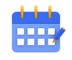 3D rendering of blue yellow calendar schedule date and time with pencil for UI UX web mobile apps social media ads design png