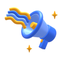 3D rendering of blue yellow loudspeaker or megaphone with party celebration confetti for UI UX web mobile apps social media ads design png