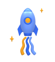 3D rendering of blue yellow spaceship or spacecraft rocket for UI UX web mobile apps social media ads design png