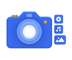 3D rendering of blue yellow multimedia content creation with digital film or movie camera photo and music note for UI UX web mobile apps social media ads design png