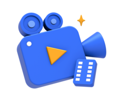 3D rendering of blue yellow multimedia film or movie camera and content creation for UI UX web mobile apps social media ads design png