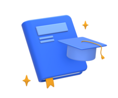 3D rendering of blue yellow education or academic book with graduation hat for college student for UI UX web mobile apps social media ads design png