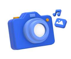 3D rendering of blue yellow multimedia content creation with digital camera photo and music note for UI UX web mobile apps social media ads design png