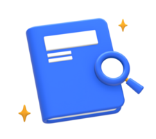3D rendering of blue yellow searching or finding information online with book and magnifying glass for UI UX web mobile apps social media ads design png