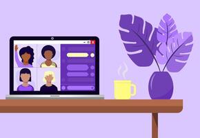 illustration of a laptop with a chat or webinar background with four people of various ethnicities. vector