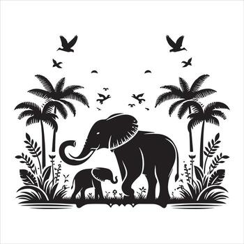 Elephant oases with trees and the sun in a graphic design vector