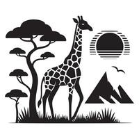 A giraffe in silhouette standing in the grass with a tree in the distance vector
