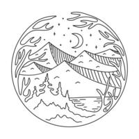Mountains patch in line art style. For printing on mugs and T-shirts. Black outline on white background. Nature and travel concept. illustration. vector