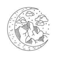 Mountain and moon patch in line art style. For printing on mugs and T-shirts. Black outline on white background. Nature and travel concept. illustration. vector