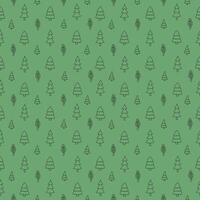 Seamless pattern doodle trees on green background. Hand drawn illustration. line art. Nature and forest concept. vector