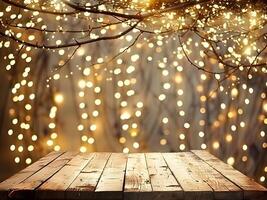 Christmas and New year background with empty wooden table, garland, tree branch. Festive decor with bokeh lights and free space for product montage photo