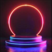 Empty two tiered podium with glow neon circle on dark background. Abstract illustration colorful ring with free space photo