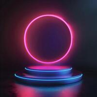 Empty podium with glow neon circle on dark background. Abstract illustration colorful ring with free space for product placement photo