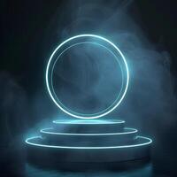 Empty podium with blue glow neon circle on dark background. Abstract illustration colorful ring with free space photo