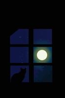 A black cat sitting near window at night vector