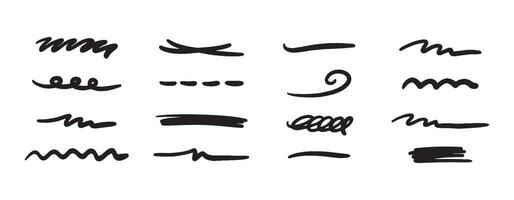 Doodle brush underlines set. Black line sketches with pen marks. Hand drawn elements on white background. vector