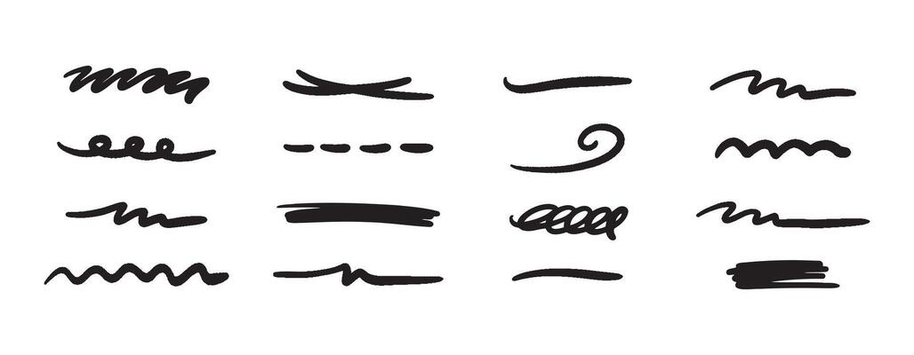 Doodle brush underlines set. Black line sketches with pen marks. Hand drawn elements on white background.