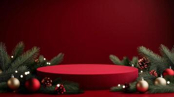 A snowy Christmas themed podium with a red velvet surface, surrounded by pine branches, ornaments, and twinkling fairy lights photo