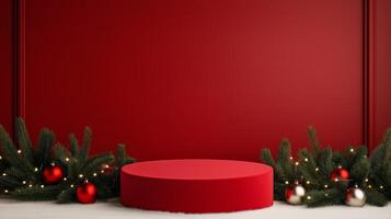 A snowy Christmas themed podium with a red velvet surface, surrounded by pine branches, ornaments, and twinkling fairy lights photo