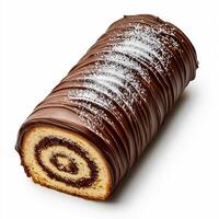 Classic Christmas yule log cake with chocolate frosting and powdered sugar, isolated on white background, top view photo