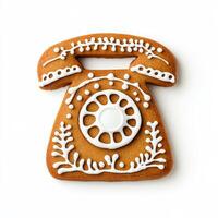 Gingerbread cookie shaped like a classic telephone with a rotary dial, detailed with icing, isolated on white, top view photo