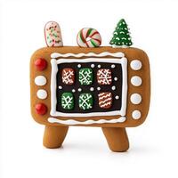 Gingerbread TV set with candy buttons and an iced screen displaying holiday patterns, isolated on a white background photo