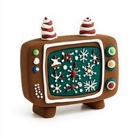 Gingerbread TV set with candy buttons and an iced screen displaying holiday patterns, isolated on a white background photo