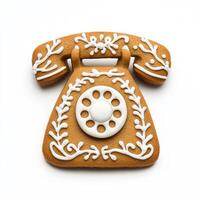 Gingerbread cookie shaped like a classic telephone with a rotary dial, detailed with icing, isolated on white, top view photo