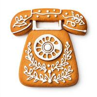 Gingerbread cookie shaped like a classic telephone with a rotary dial, detailed with icing, isolated on white, top view photo