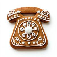 Gingerbread cookie shaped like a classic telephone with a rotary dial, detailed with icing, isolated on white, top view photo