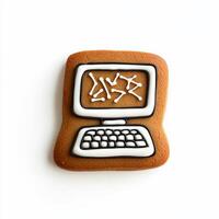 Gingerbread cookie shaped like a computer monitor with a keyboard, decorated with playful icing designs, isolated on white, top view photo