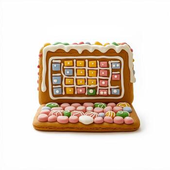 Gingerbread computer with a keyboard made of candy, screen decorated with icing patterns, isolated on a white background photo