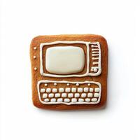 Gingerbread cookie shaped like a computer monitor with a keyboard, decorated with playful icing designs, isolated on white, top view photo