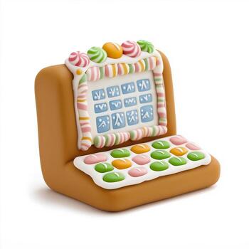 Gingerbread computer with a keyboard made of candy, screen decorated with icing patterns, isolated on a white background photo