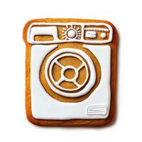 Gingerbread cookie shaped like a washing machine, complete with icing dials and buttons, isolated on white, top view photo